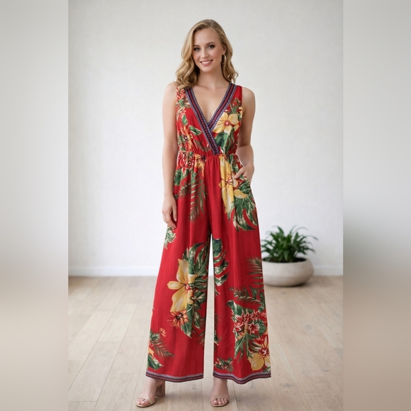 Flying Tomato Pants - Flying Tomato Red Tropical Floral Wide Leg Jumpsuit Hibiscus Print Size XS